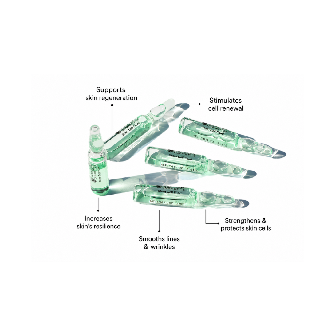 Green skincare serum bottles with text on a white background