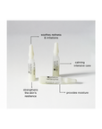 Benefits infographic for Janssen Cosmetics CBD Calming Fluid Ampoules highlighting soothed, balanced, sensitive-looking skin.