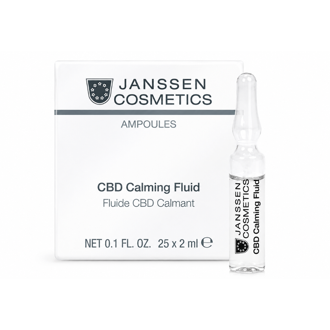 Janssen Cosmetics CBD Calming Fluid Ampoules product packaging on a white background.
