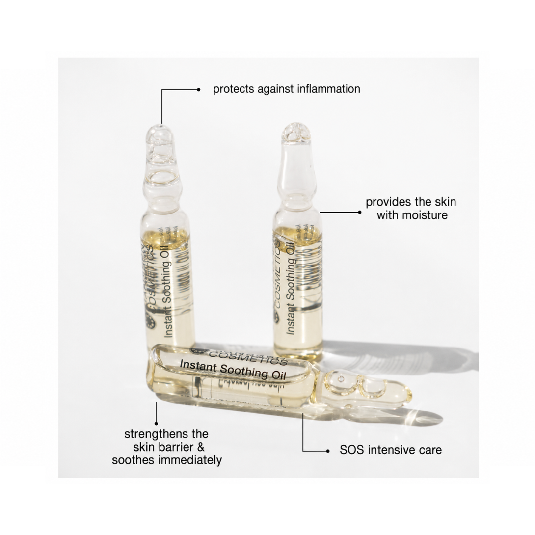 Benefits infographic for Janssen Cosmetics Instant Soothing Oil Ampoules highlighting soothed, nourished, and comfortable-looking skin.