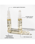 Benefits infographic for Janssen Cosmetics Instant Soothing Oil Ampoules highlighting soothed, nourished, and comfortable-looking skin.