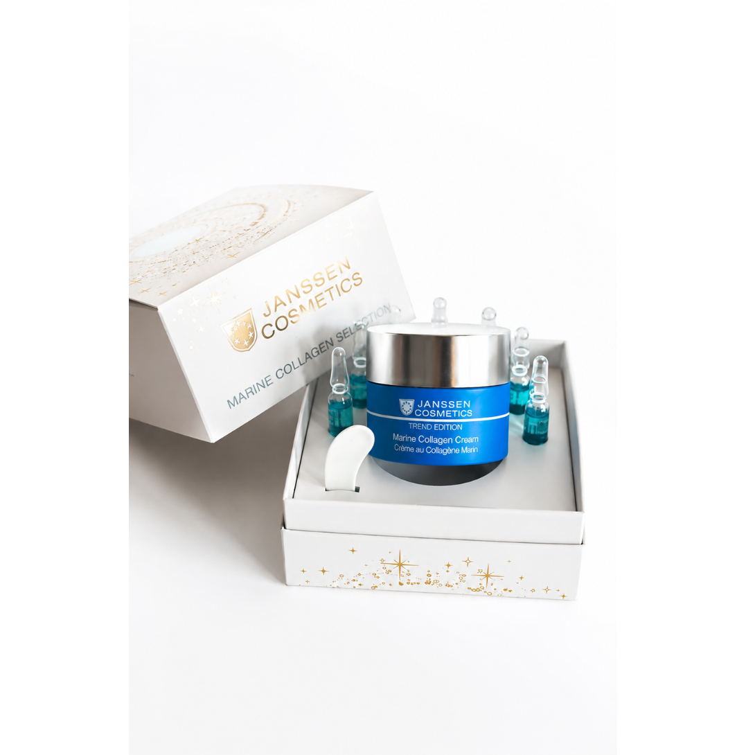 Janssen Cosmetics Marine Collagen Selection skincare set with cream jar and ampoules in a box on a white background