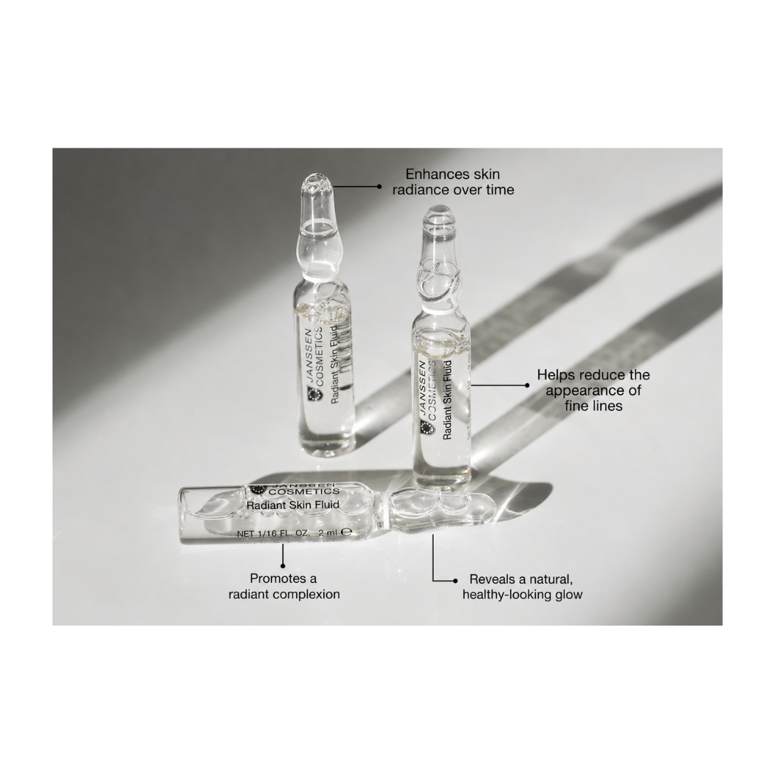 Benefits infographic for Janssen Cosmetics Radiant Skin Fluid Ampoules highlighting brighter, radiant-looking skin.