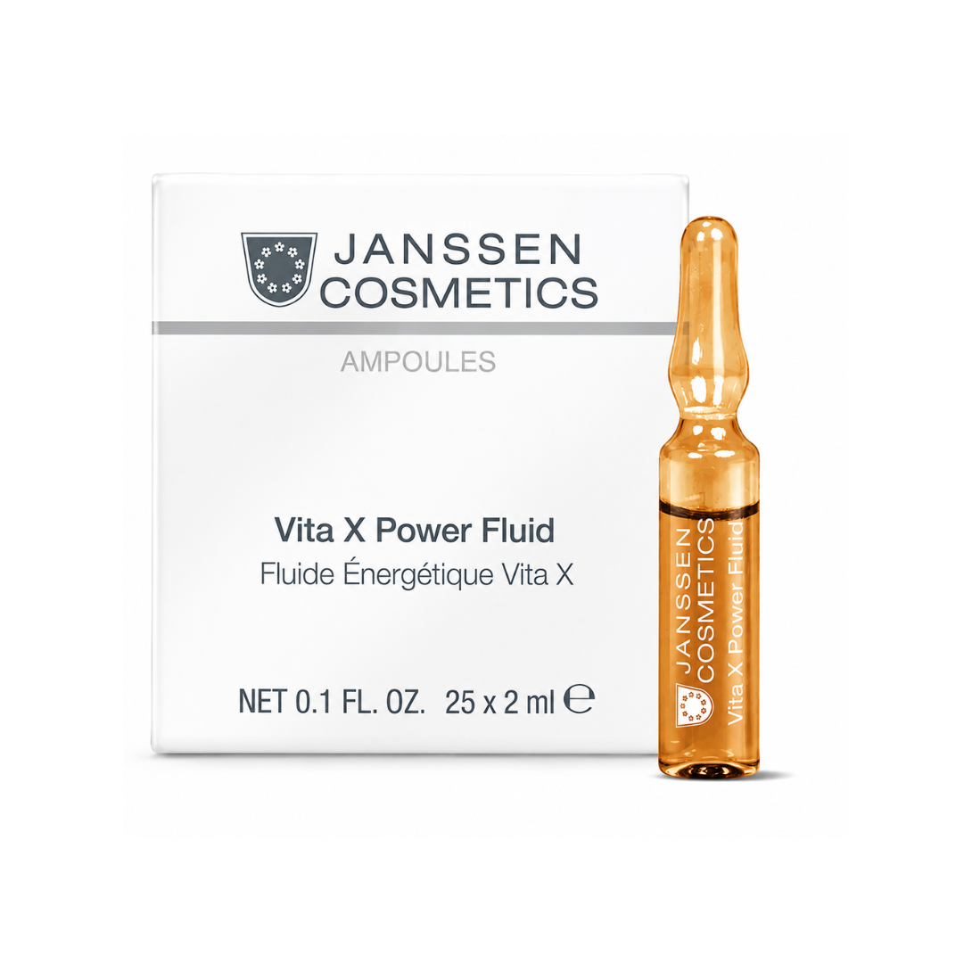 Janssen Cosmetics Vita X Power Fluid Ampoules product packaging on a white background.